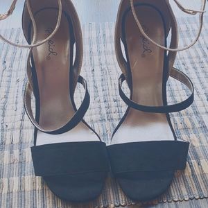 Strappy black and gold heels